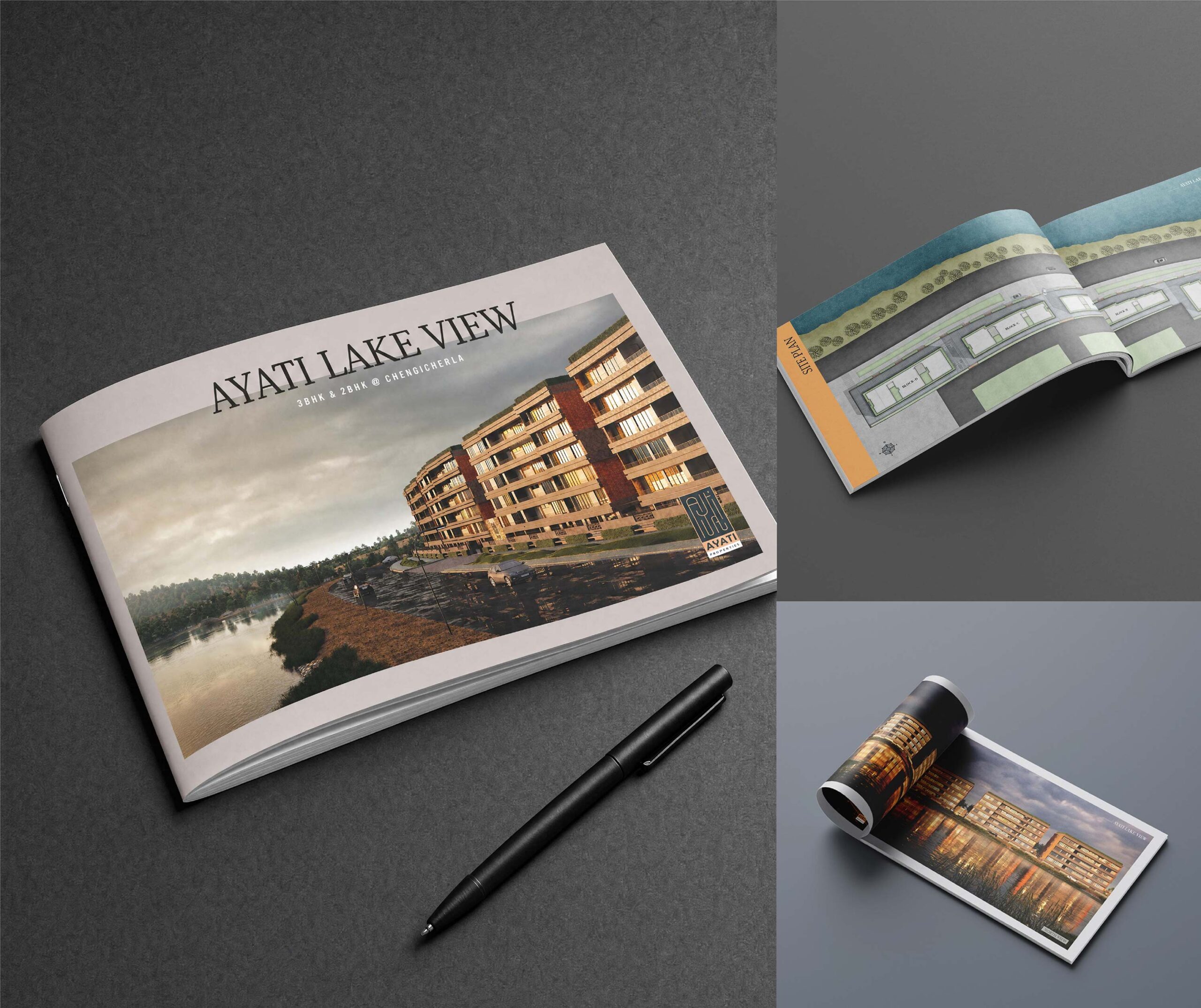 Ayati Lakeview: Brochure design mockup with the Ayati Lake View cover, open inside spreads and a black pen on a grey background