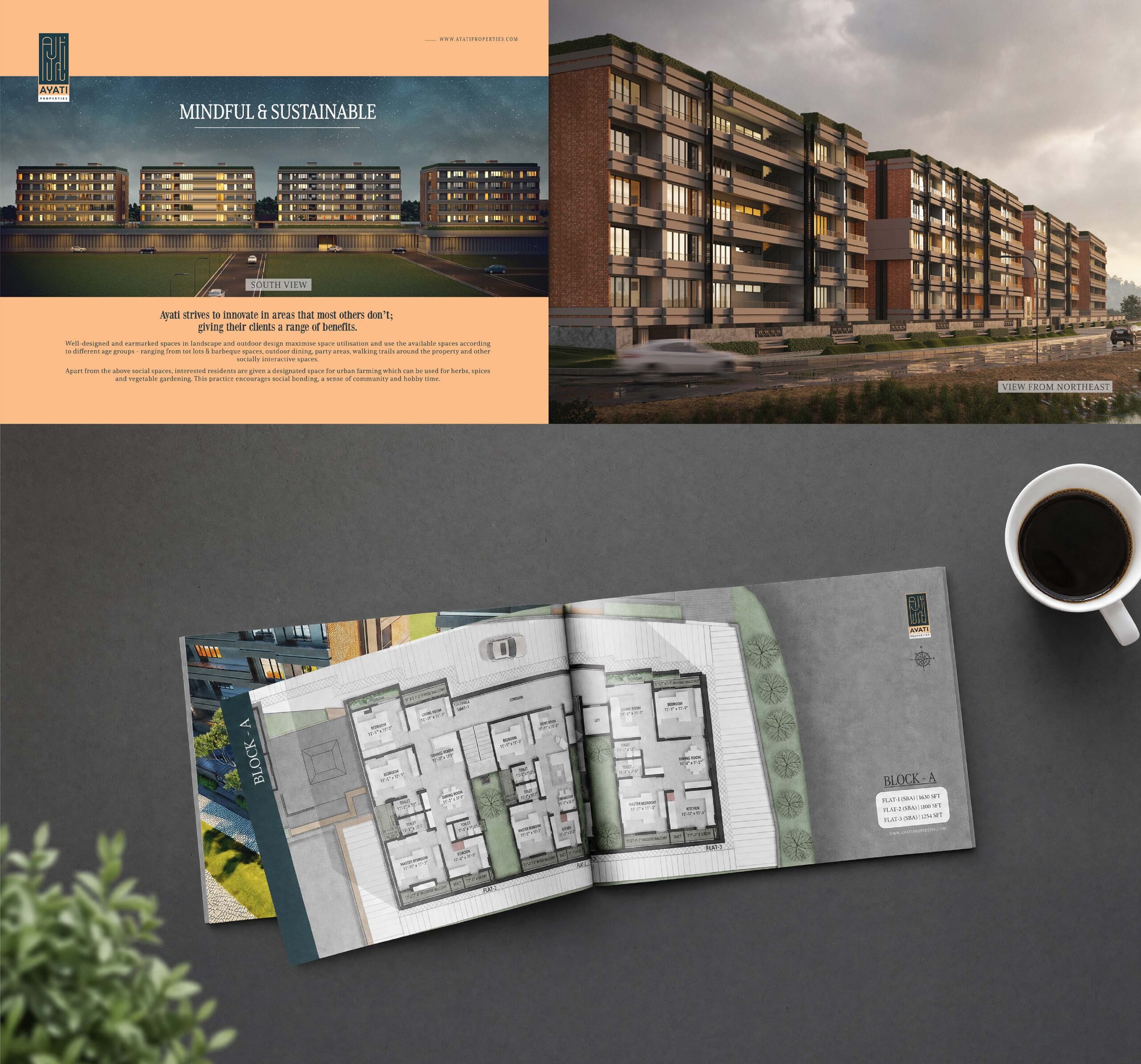 Ayati Lakeview: Brochure spreads with the "Mindful & Sustainable" page, apartment building renders and floor plans, beside a cup of coffee