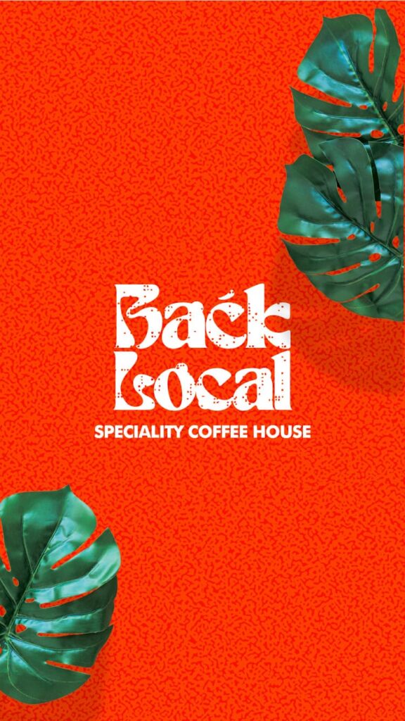 Back Local brand identity on orange with green leaves