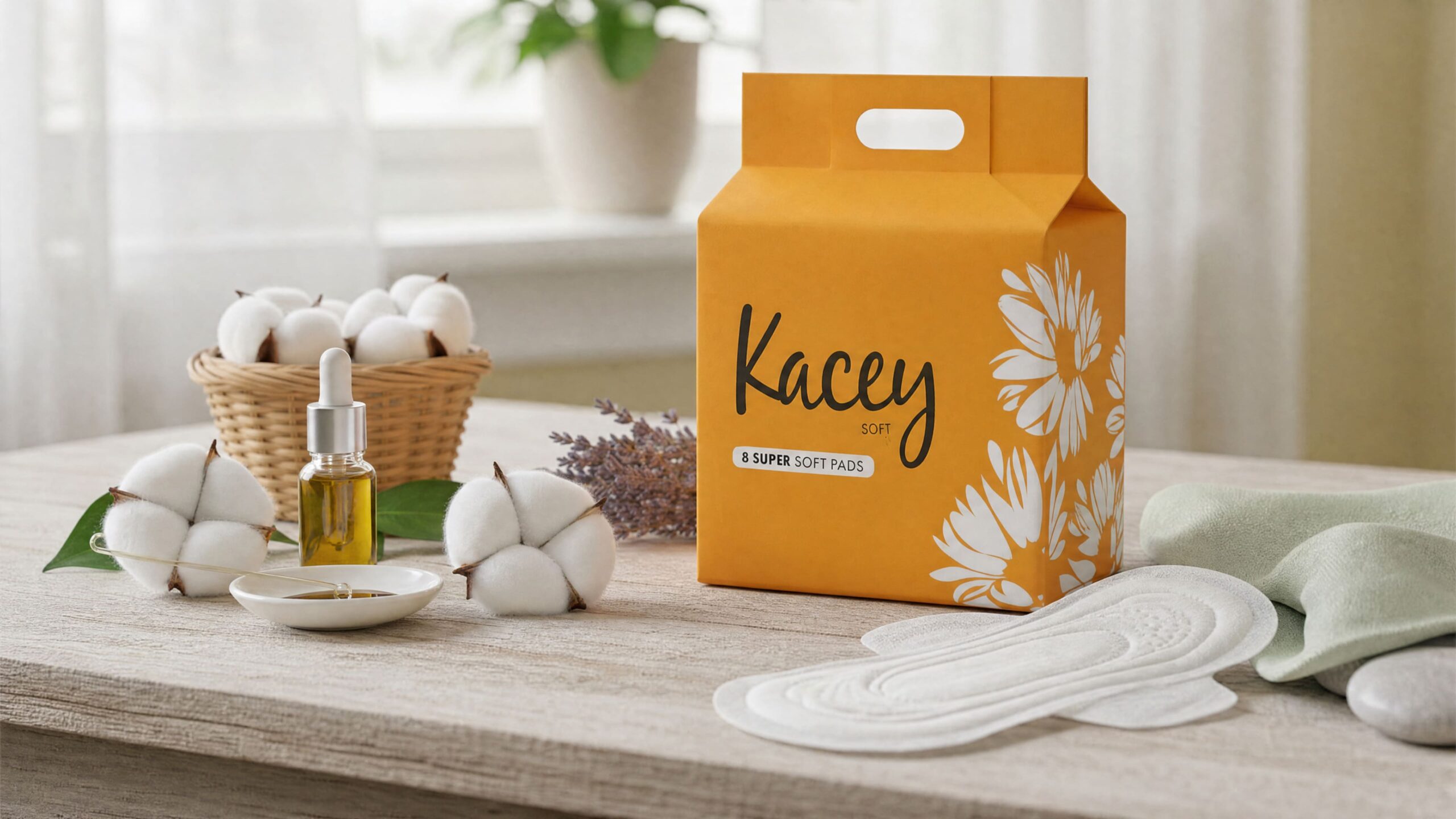 Green Napkins - Pouch Packaging: Kacey Soft box of 8 super soft pads, with cotton flowers, an oil bottle and lavender