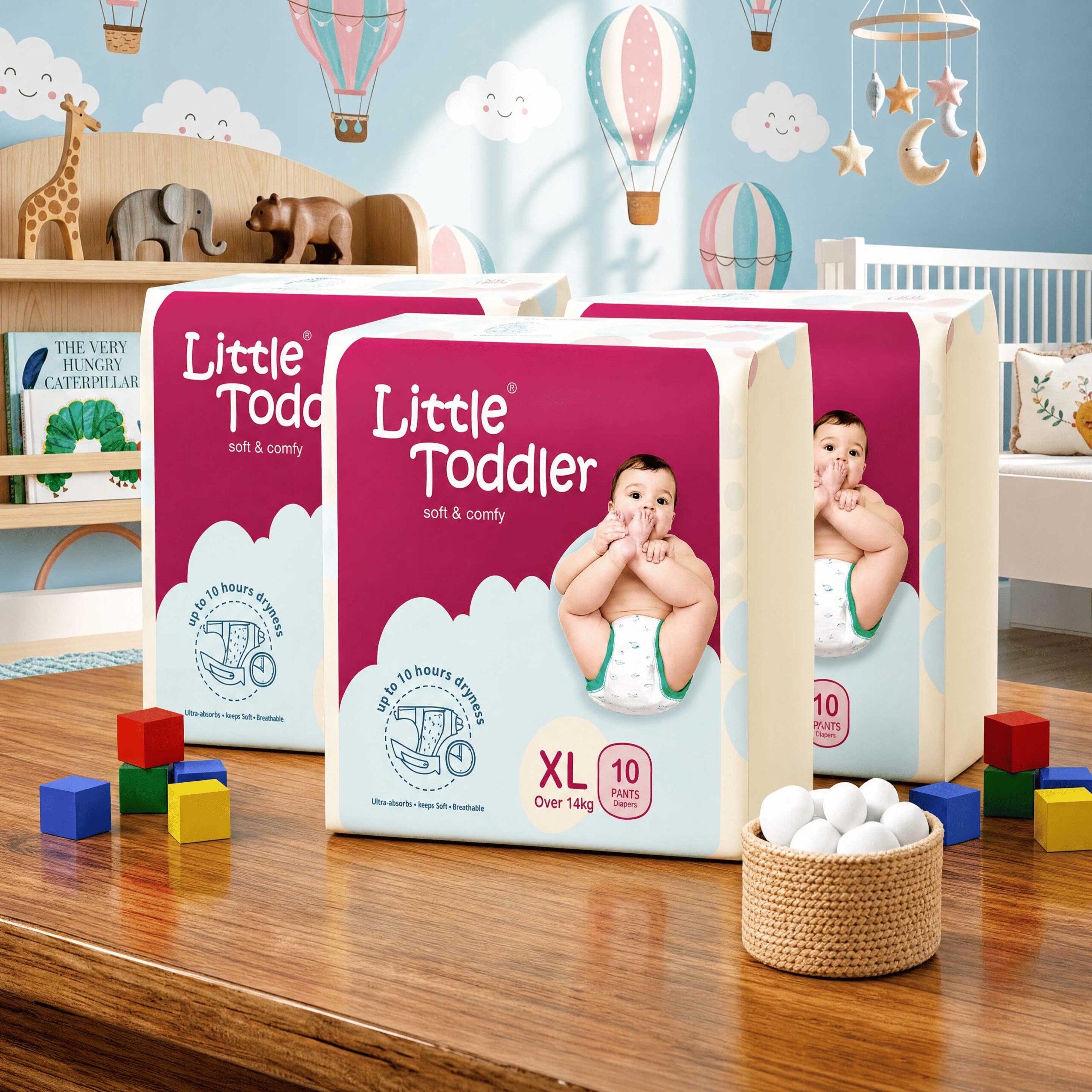Green Napkins - Pouch Packaging: Little Toddler XL diaper packs on a wooden table in a nursery with toy blocks