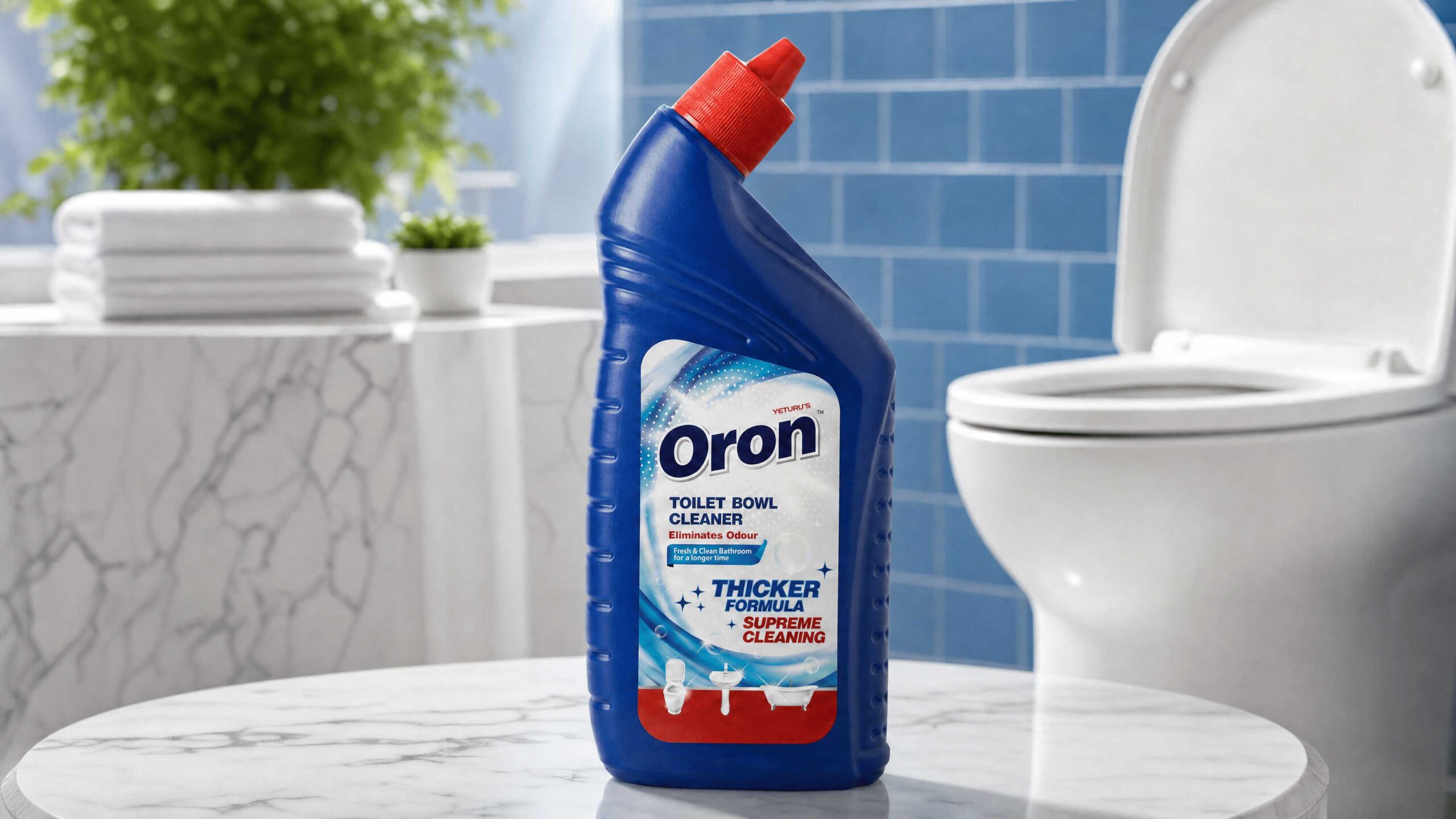 Oron Toilet Bowl Cleaner bottle with a blue label, standing on a marble surface in a bathroom