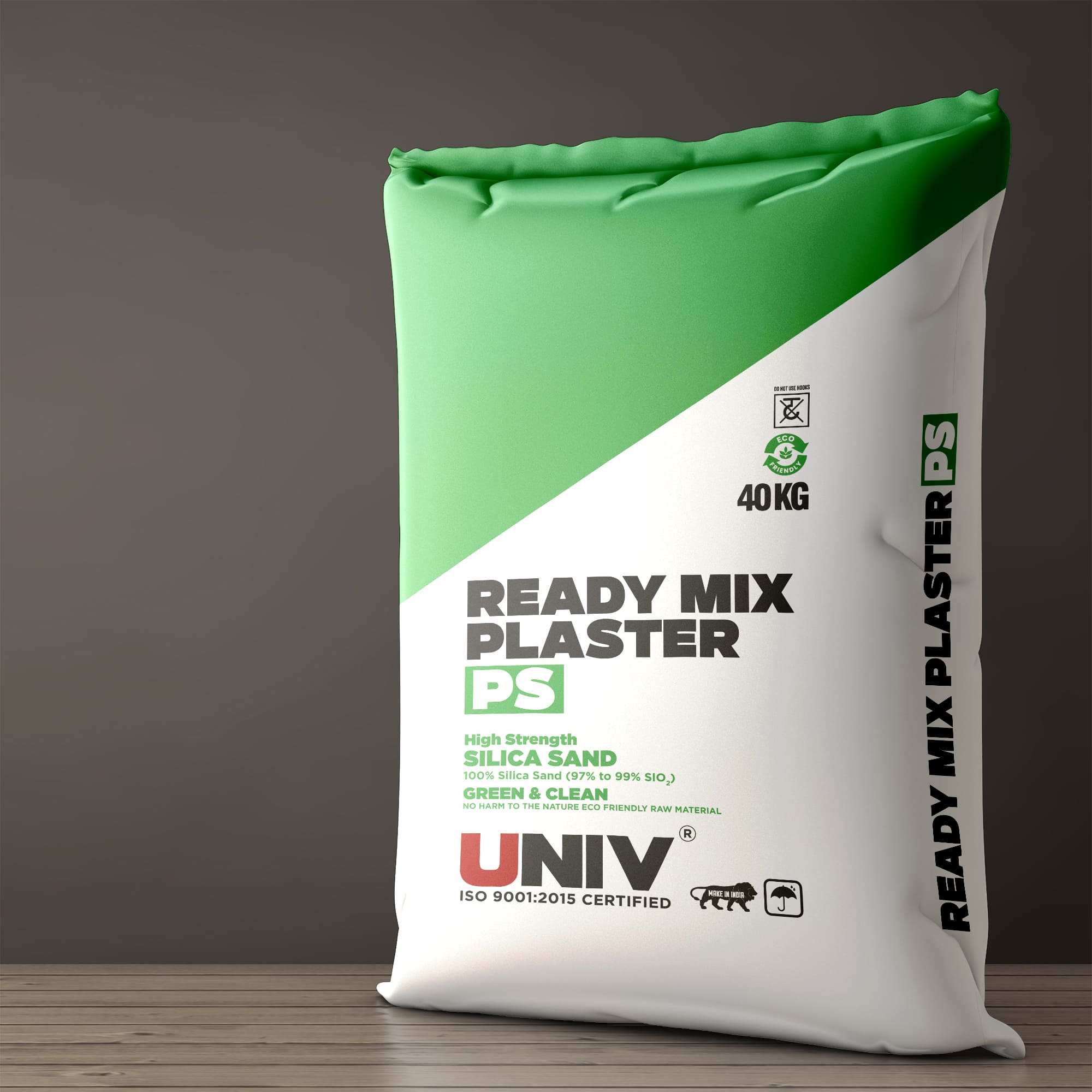Univ - Bag Packaging: Univ Ready Mix Plaster PS 40 kg bag in green and white, on a wooden floor against a grey wall