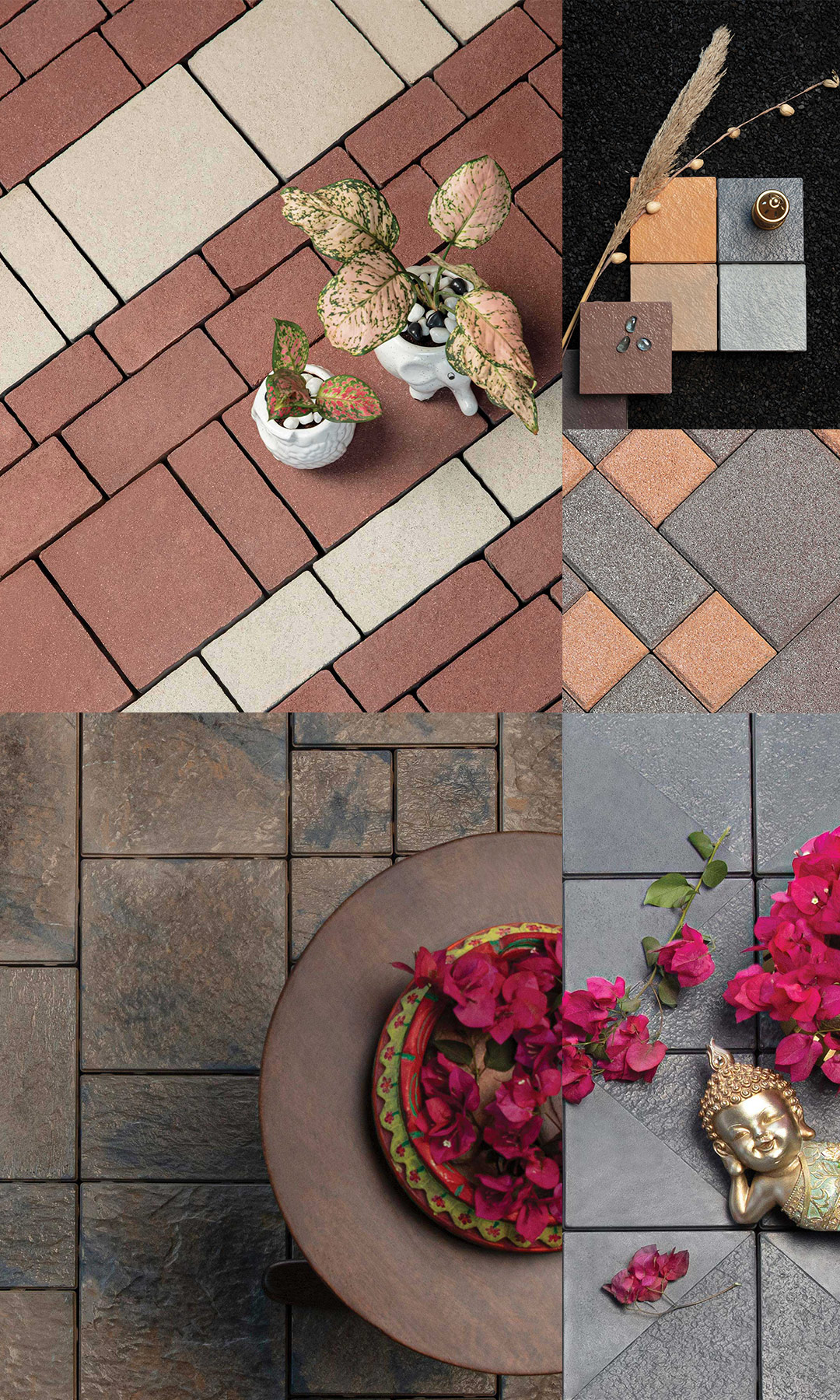 Vinayak Sanitarywares & Tiles: Terracotta brick-pattern tiles and slate tiles styled with a potted plant, magenta flowers and a brass Buddha figurine