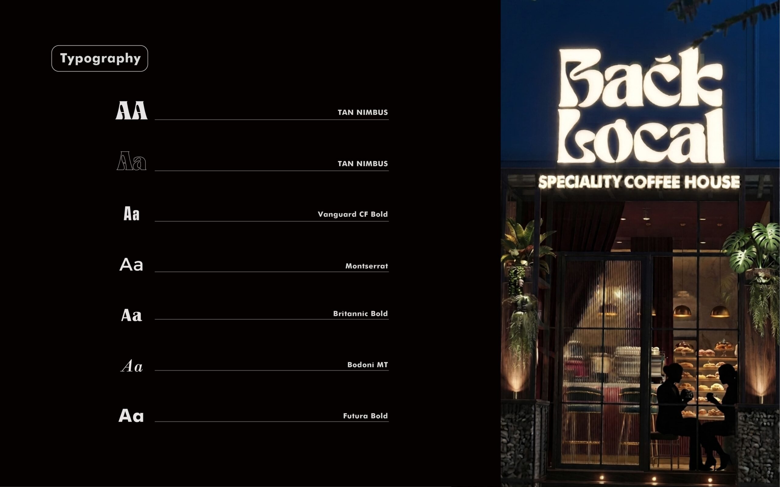 Back Local: Brand typography board listing Tan Nimbus, Vanguard CF Bold, Montserrat, Britannic Bold, Bodoni MT and Futura Bold, beside the illuminated Back Local speciality coffee house storefront at night