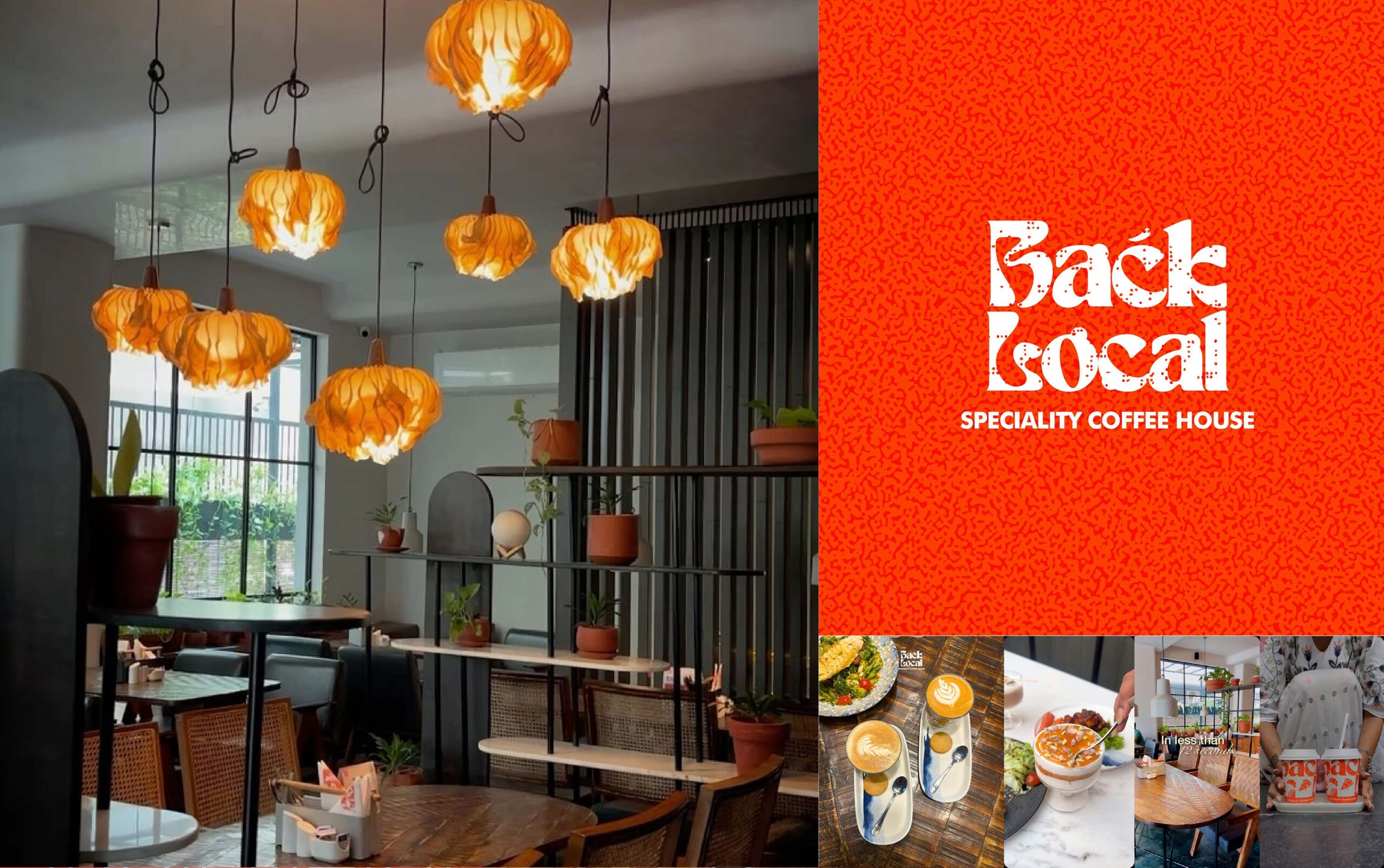 Back Local: Speciality coffee house branding on an orange background, beside the cafe interior with amber pendant lamps, plants and coffee and food photos
