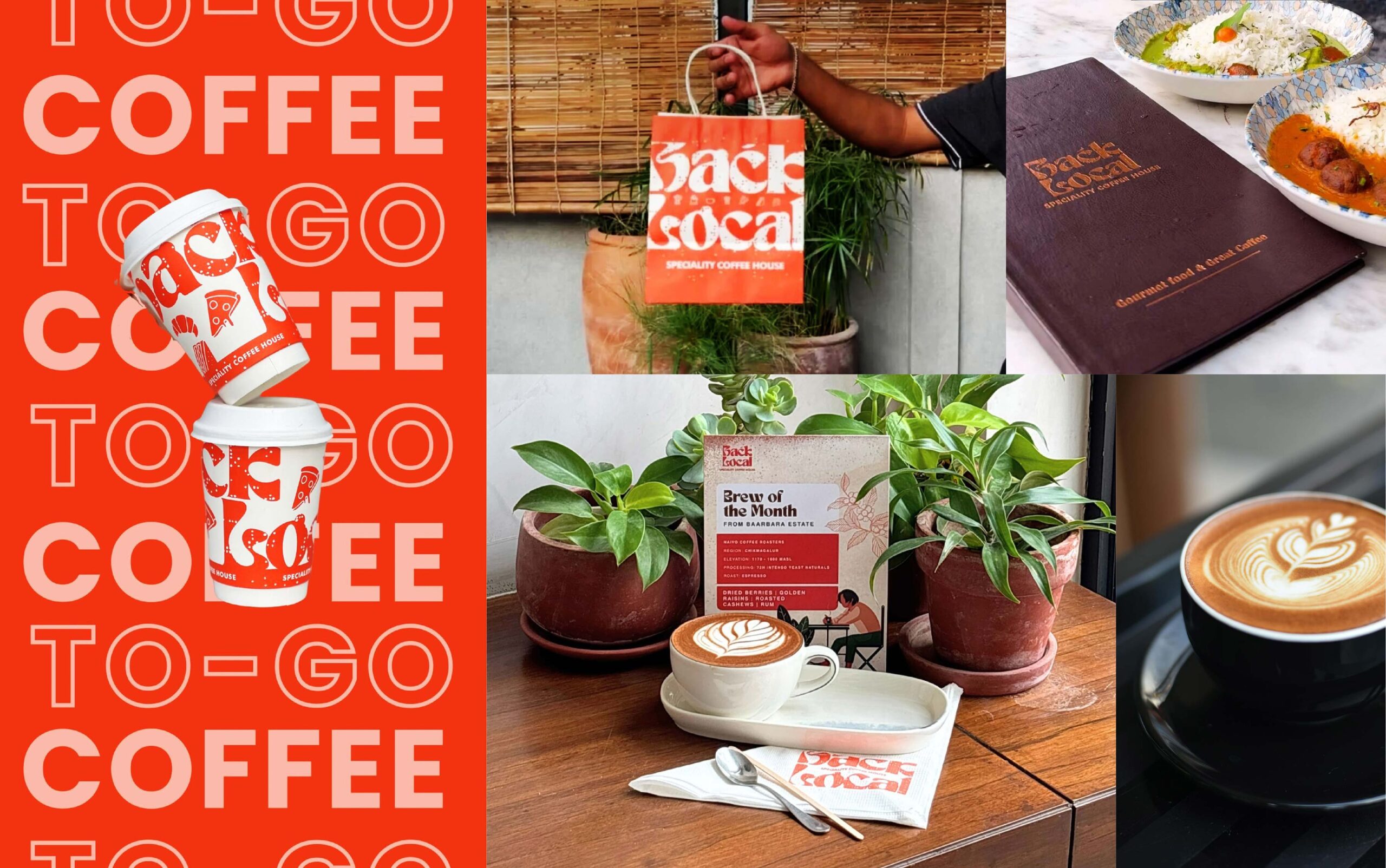 Back Local: Take-away coffee cup and paper bag branding, menu, coffee bag and latte art on an orange "Coffee To-Go" pattern and cafe table