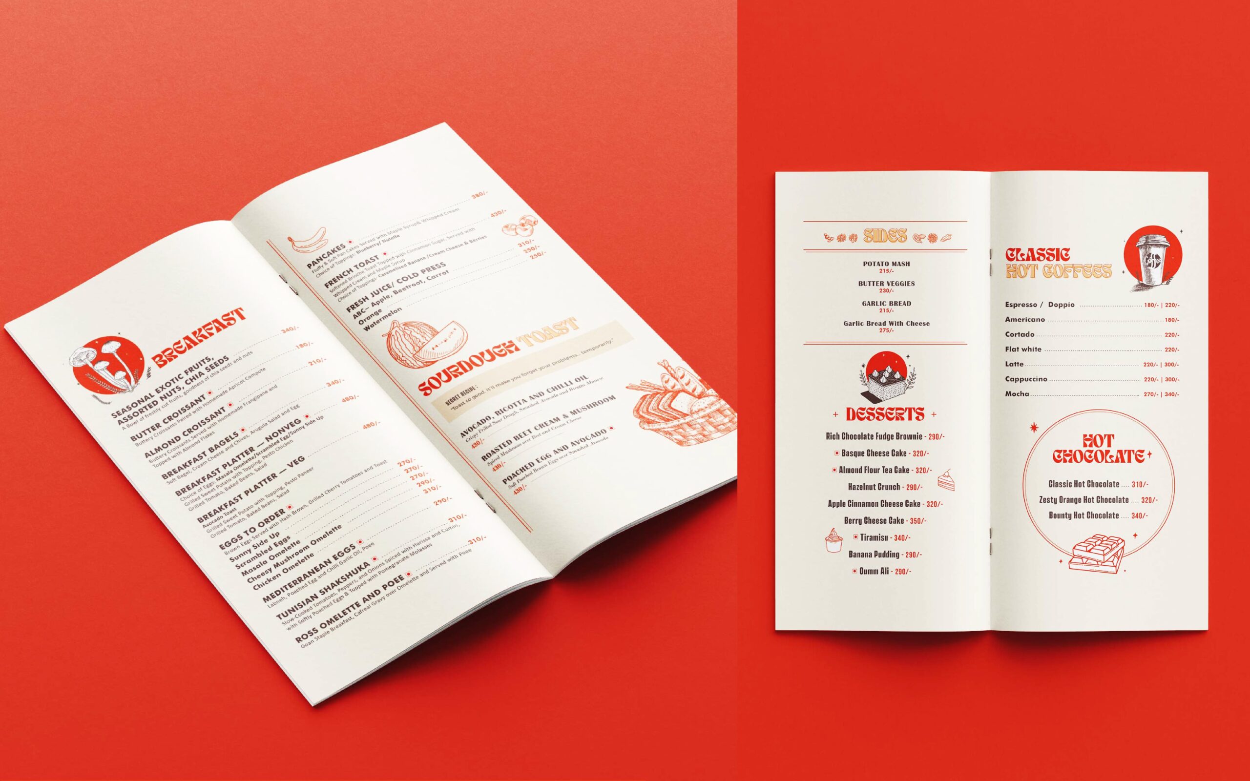 Back Local: Menu design with breakfast, sandwich, sides, desserts, classic hot coffees and hot chocolate pages, in white and red on an orange background