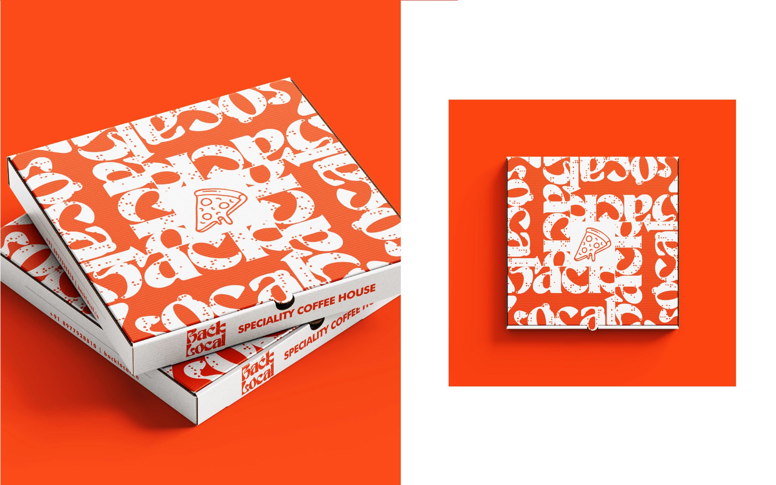 Back Local: Pizza box packaging with a white and orange logo pattern and pizza slice icon, shown stacked and from above on an orange background