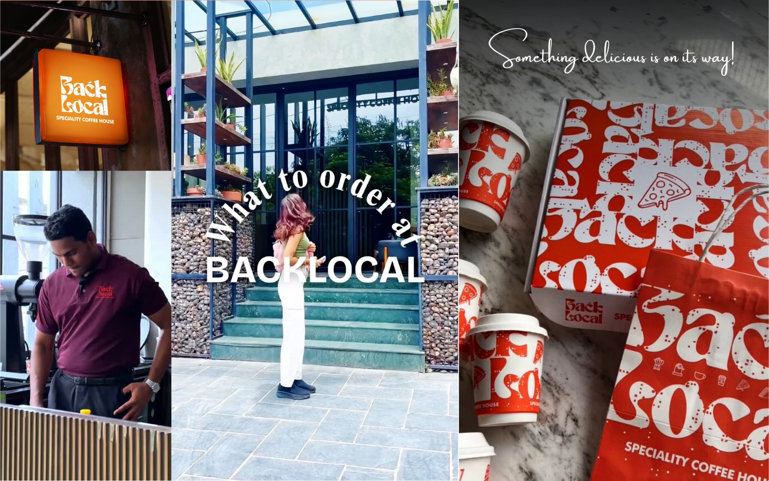 Back Local: Social media collage with the orange storefront sign, a barista, a woman at the cafe entrance and branded cups and bags on marble, with "What to order at Back Local" text