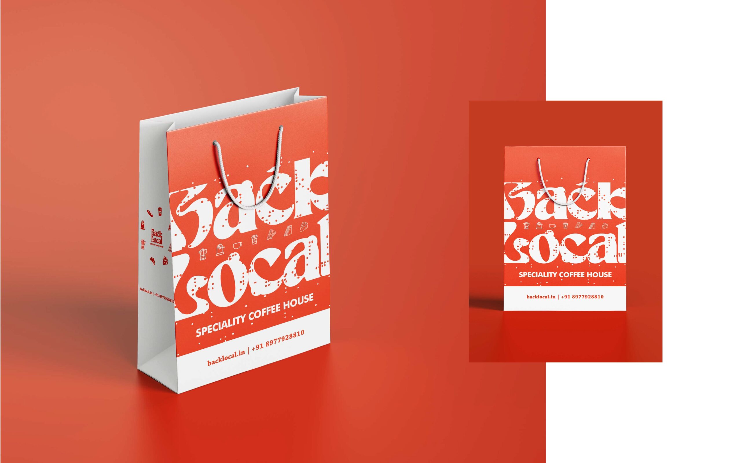 Back Local: Paper shopping bag packaging with a white and orange logo pattern and speciality coffee house text, shown from the front and above on an orange background
