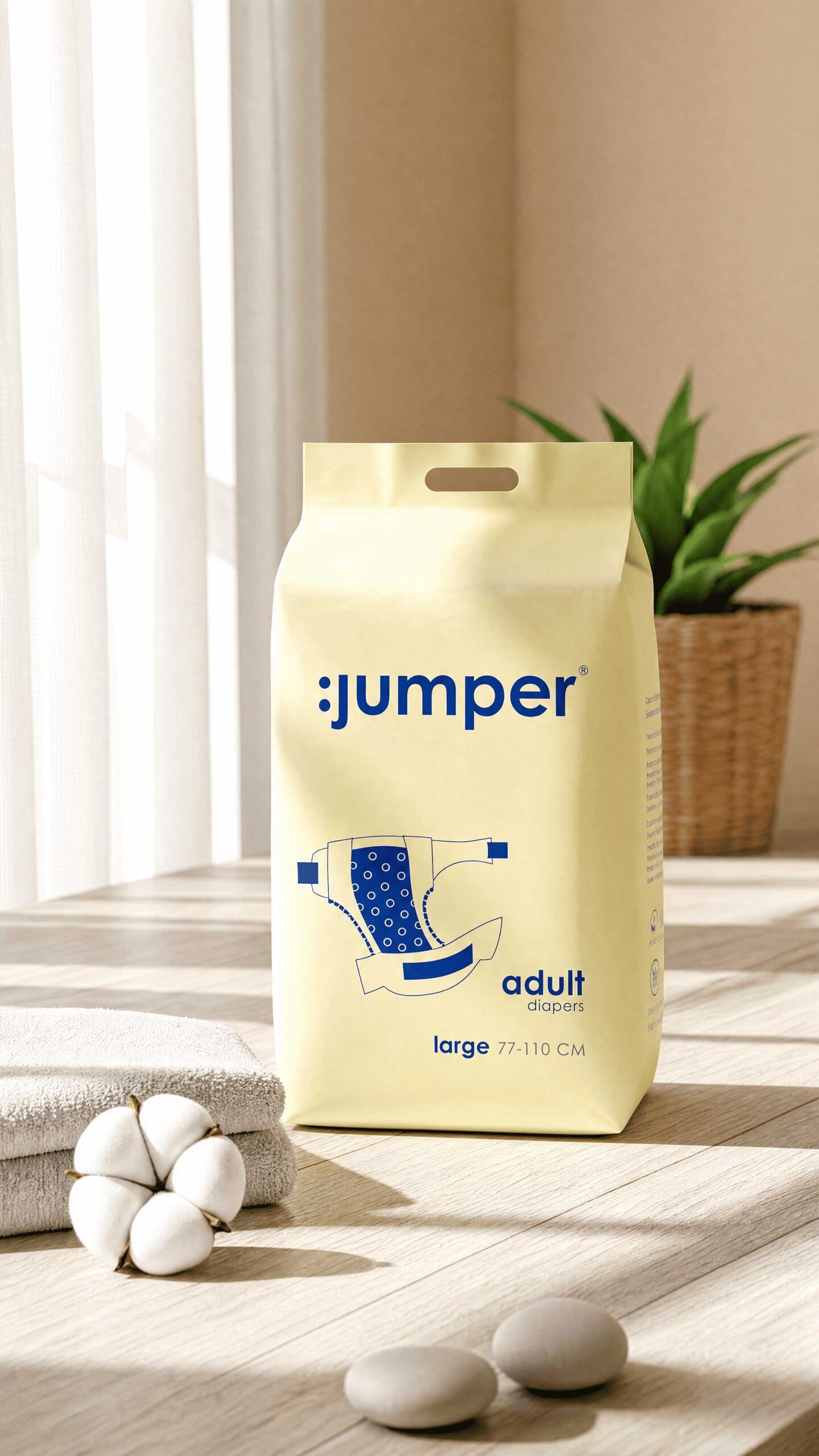 Green Napkins - Pouch Packaging: Jumper adult diapers pack in cream, with a towel, cotton flower and stones