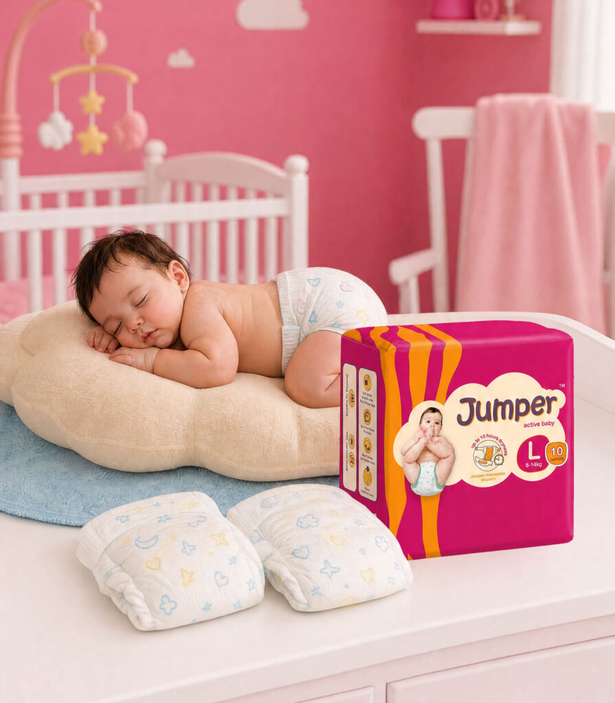 Green Napkins Jumper diaper pouch pack beside a sleeping baby on a cushion, with loose diapers on a pink dresser