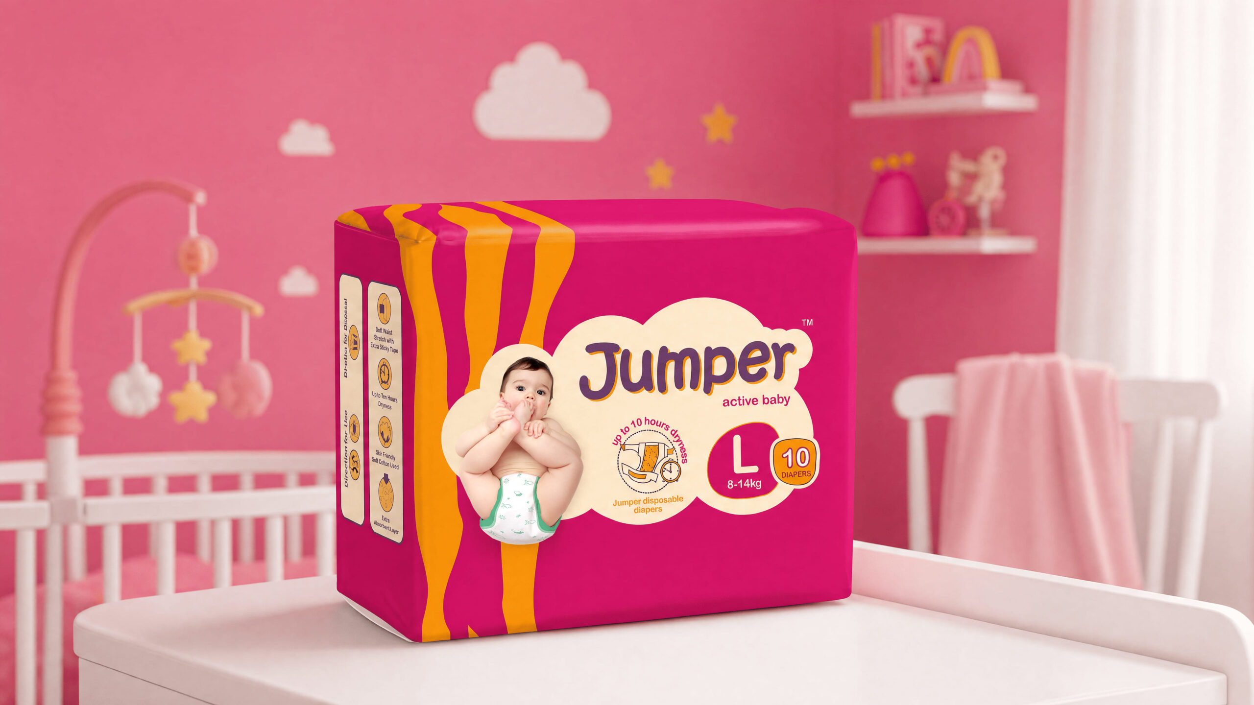 Green Napkins - Pouch Packaging: Jumper Active Baby diaper pack on a white table in a pink nursery