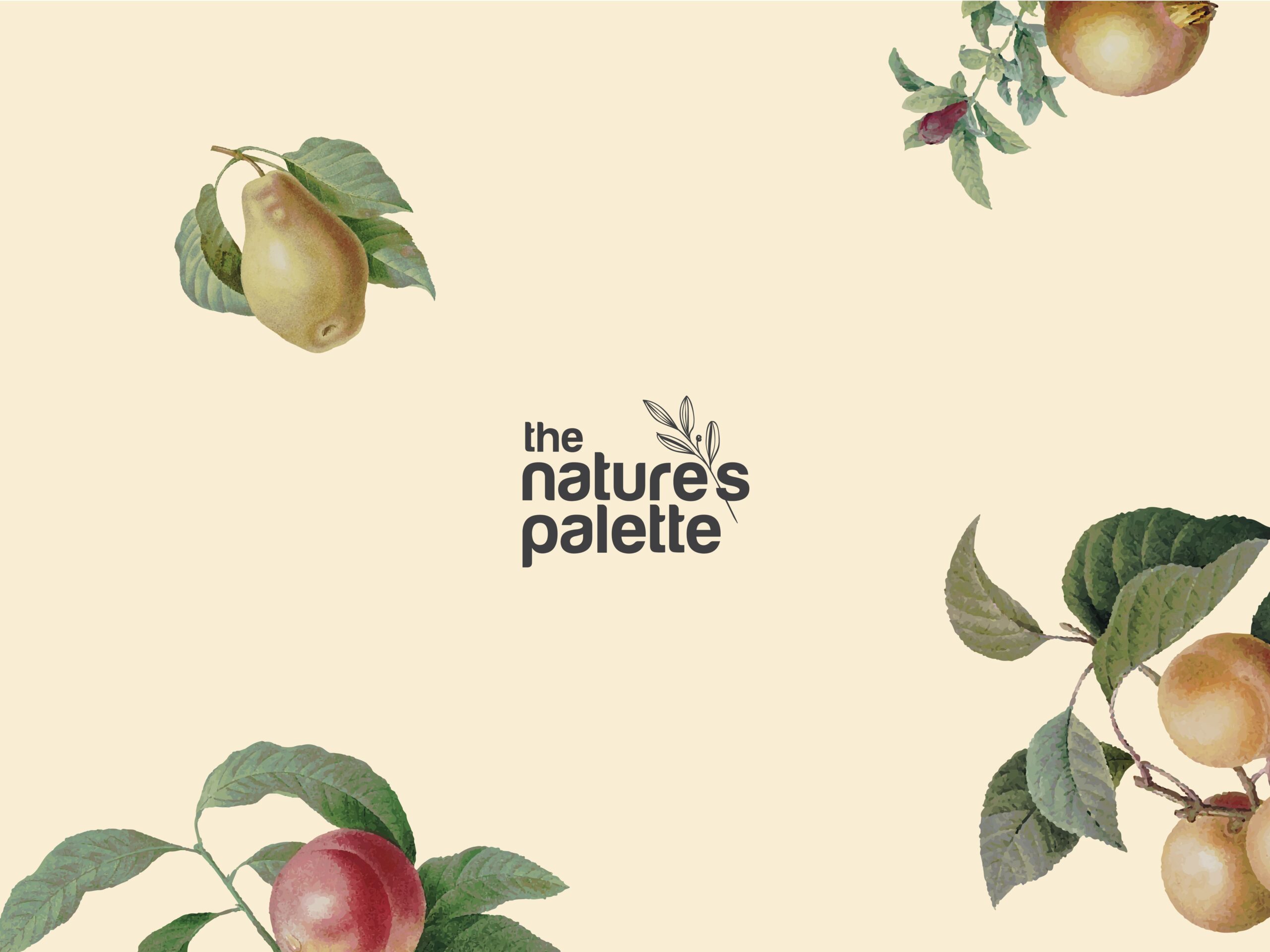 A branding mood board for "the nature's palette" on a cream background, featuring vintage botanical fruit illustrations of pears, peaches, and citrus branches arranged around the central logo
