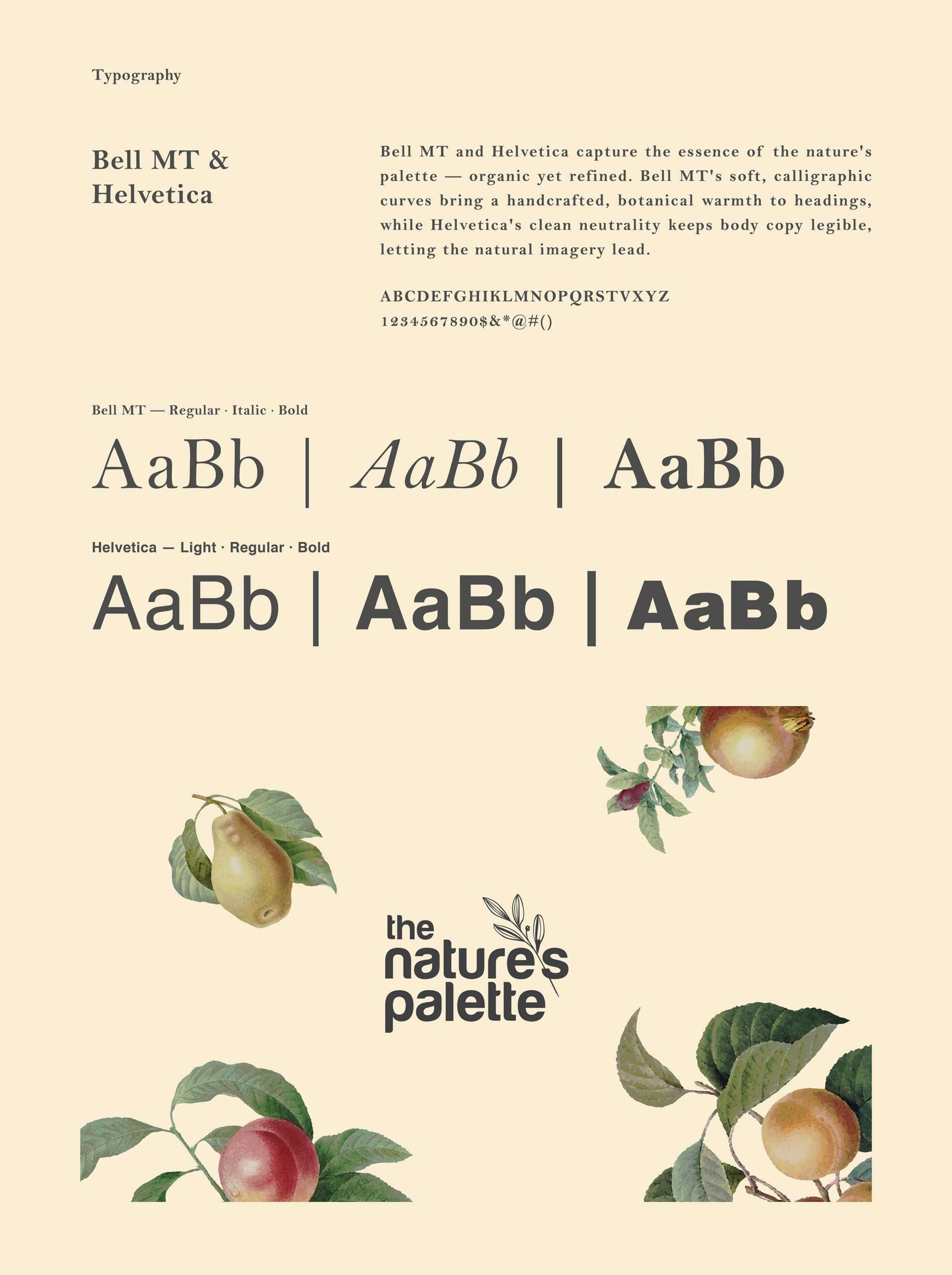 A typography and branding guide detailing Bell MT and Helvetica font usage, character sets, and weights, paired with botanical illustrations and the brand logo.