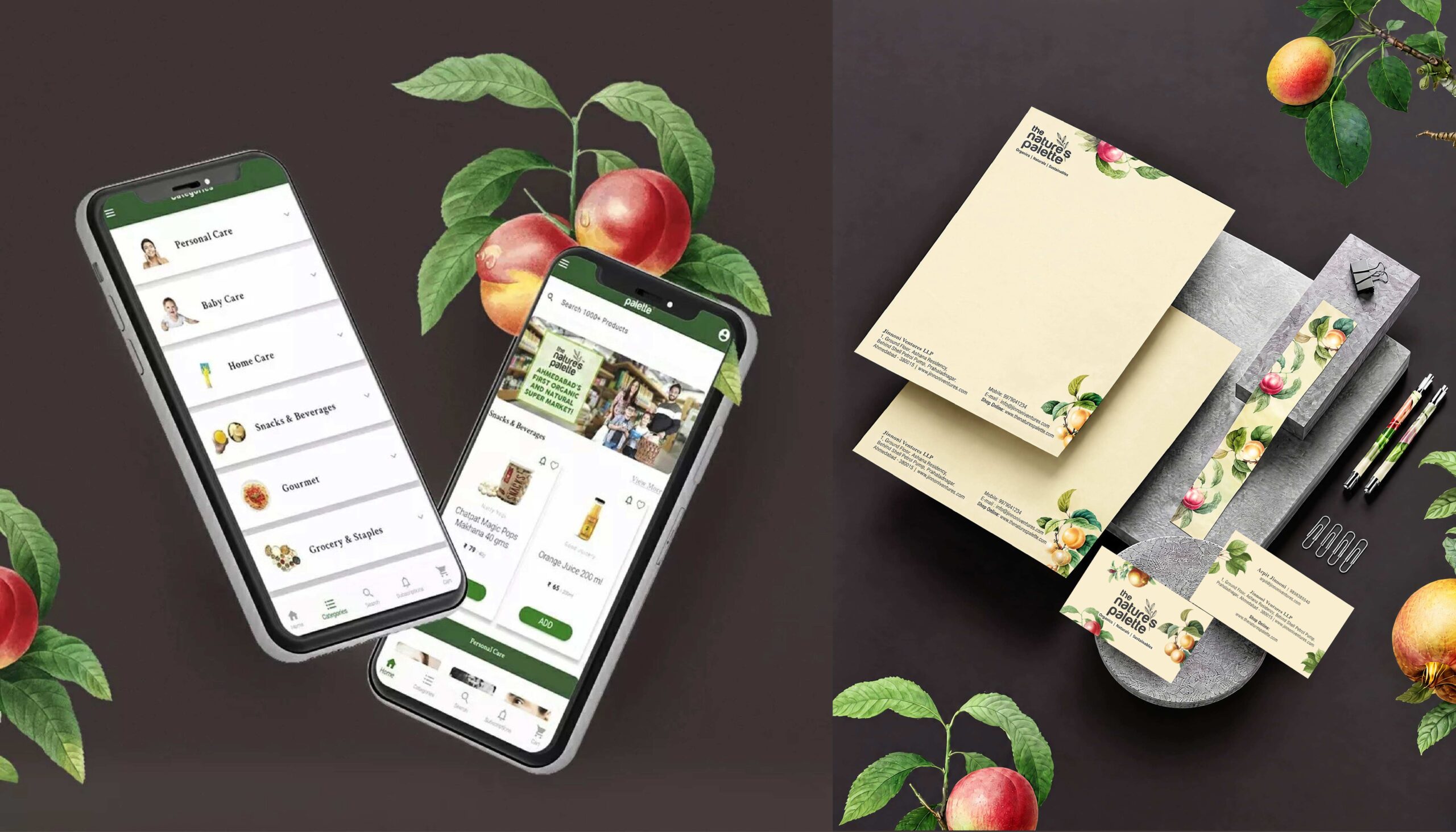 A stationery and digital mockup display showcasing "the nature's palette" mobile app interface featuring grocery categories next to letterheads, business cards, and a branded paper tape roll on a dark background.