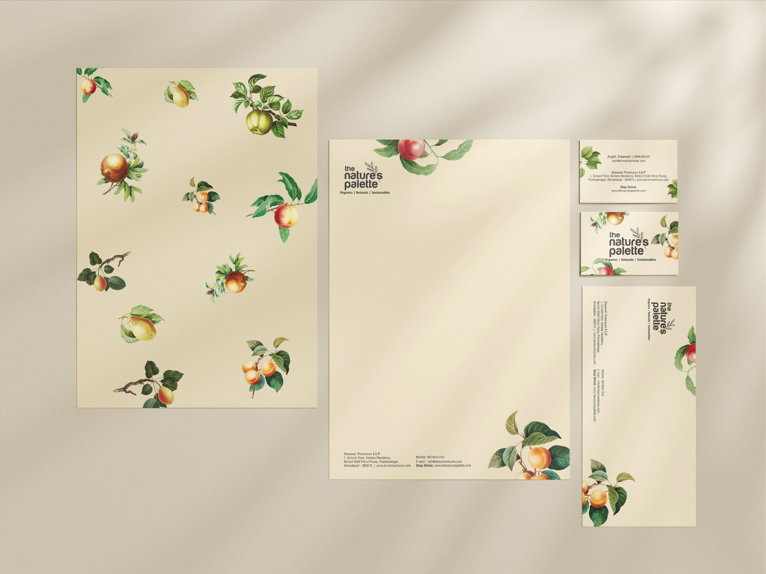 A flat lay mockup of corporate stationery for "the nature's palette," including a patterned wrapping sheet, letterhead, business cards, and a long envelope arranged neatly under soft natural lighting.