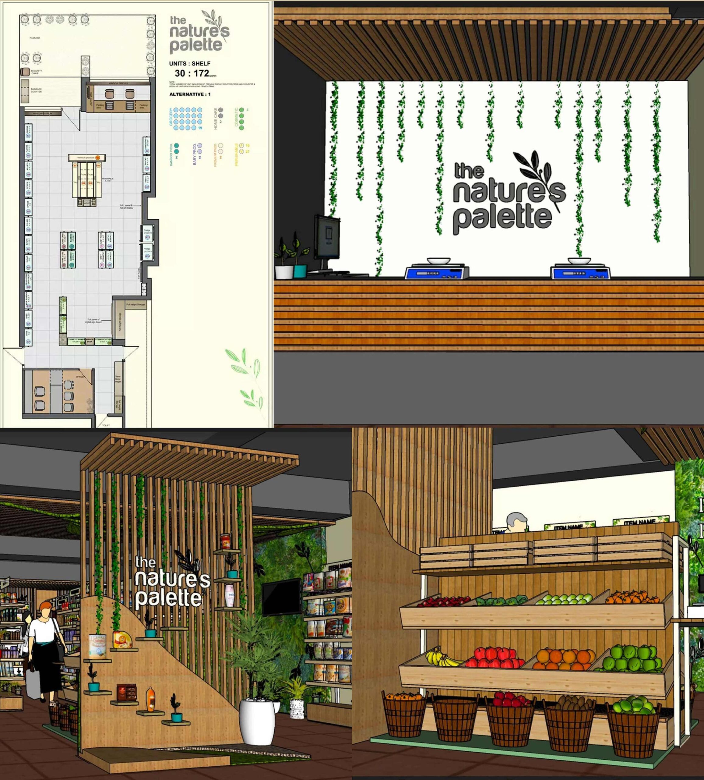 An interior architectural design sheet showing a store floor plan layout alongside 3D rendered perspectives of the checkout counter, wooden slat walls, and fresh produce display units.