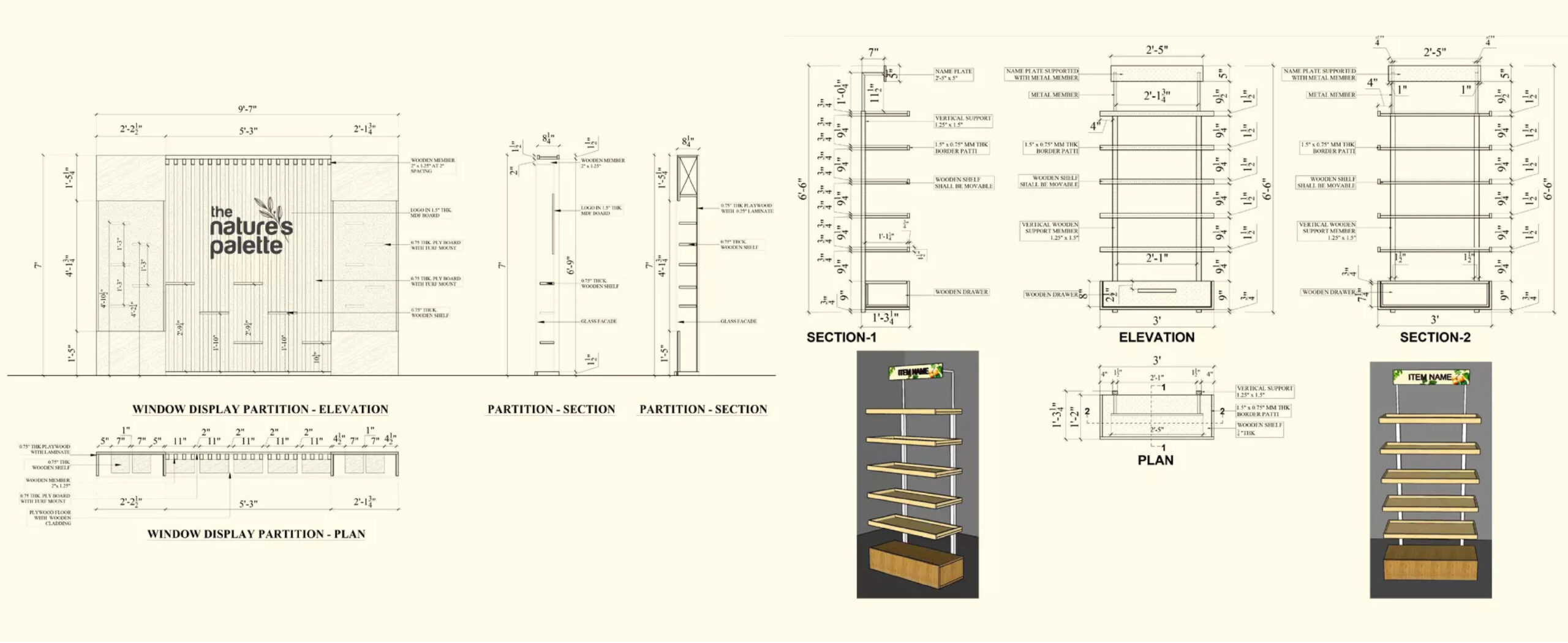 echnical elevation and section drawings for store shelving units and window display partitions, complete with dimensional measurements and material callouts.