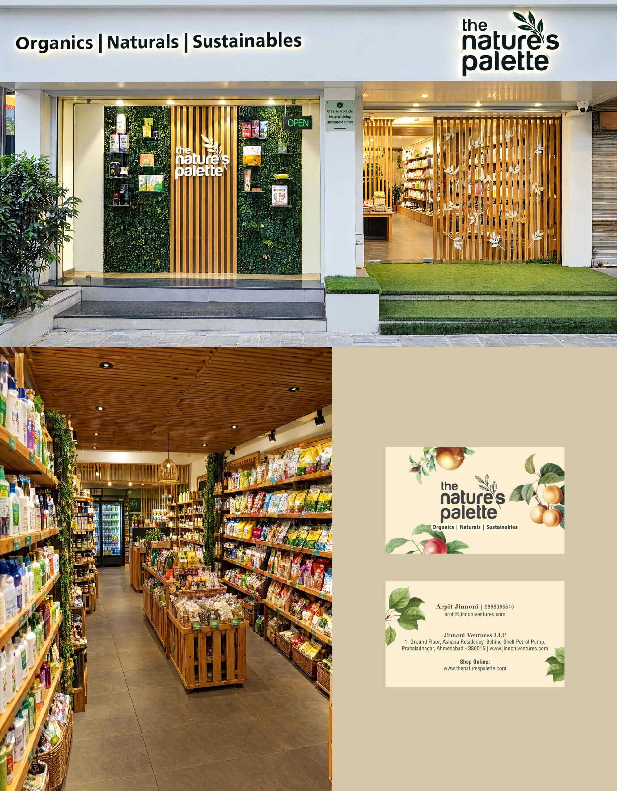 An architectural collage featuring the storefront exterior of "the nature's palette" with wooden slats and vertical greenery, interior aisle views, and business card mockups.