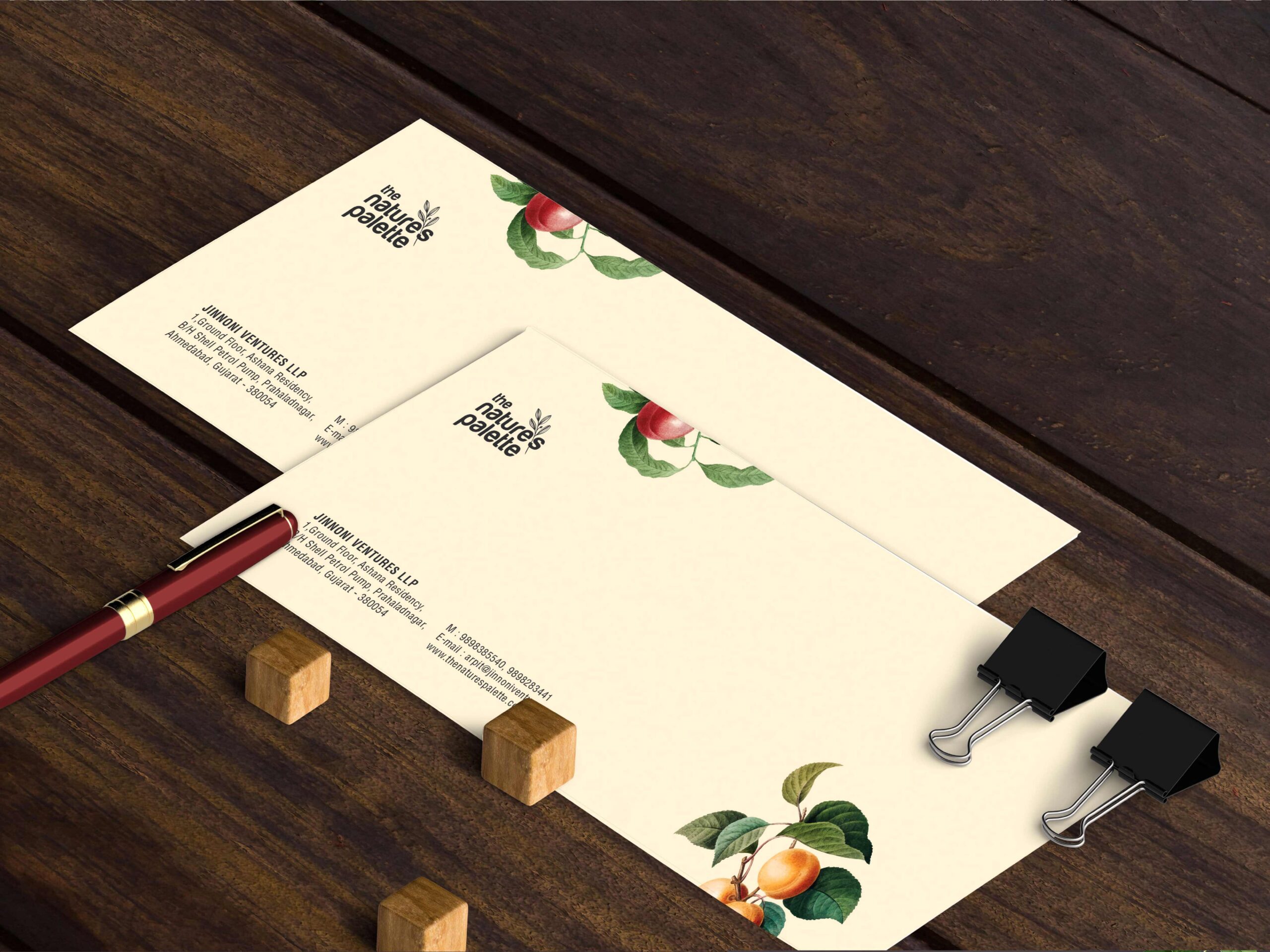 A styled flat lay of branded envelopes and letterheads for "the nature's palette" placed on a dark wooden desk alongside a red pen and black binder clips.