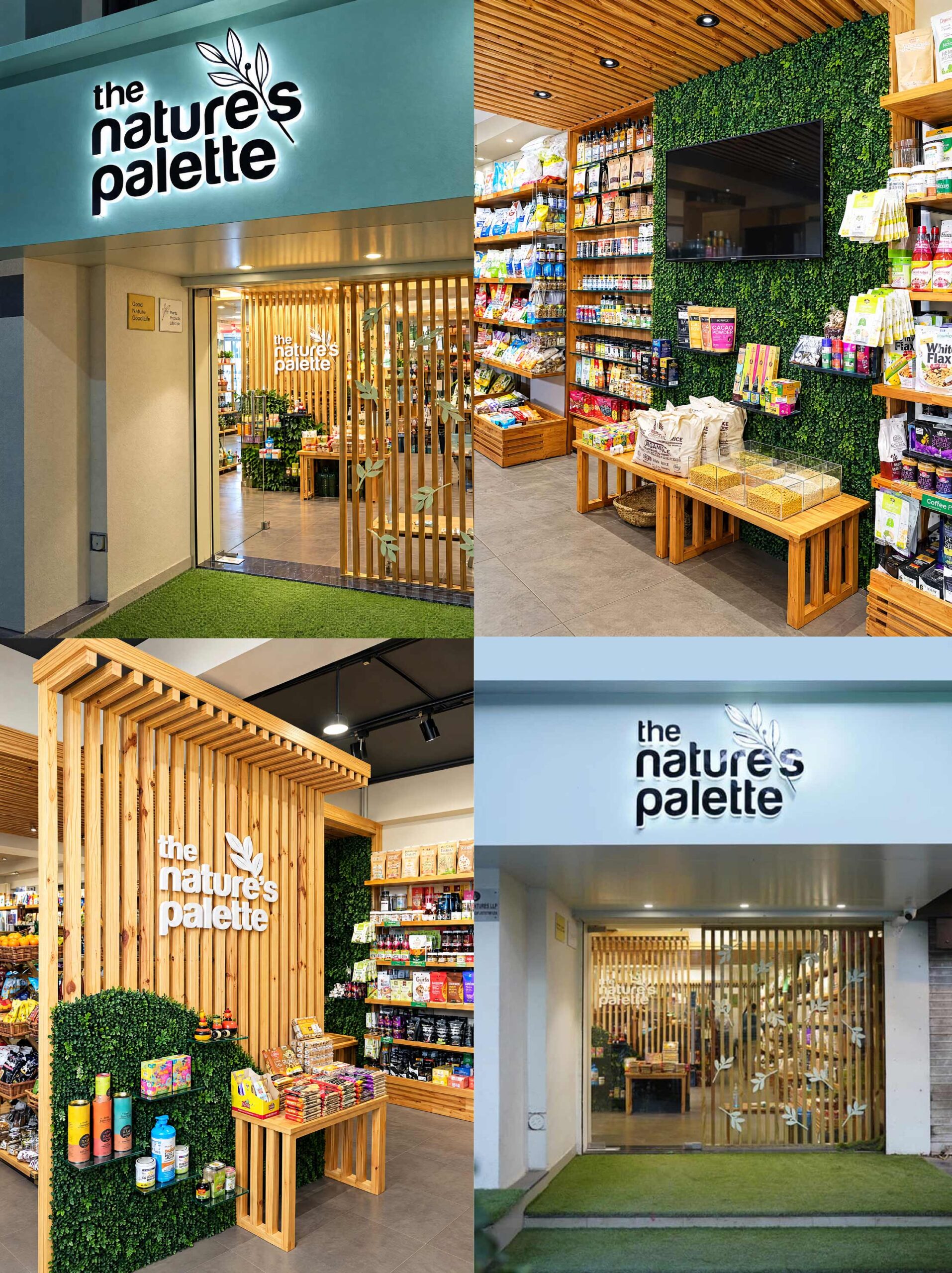 A four-panel composite image highlighting different architectural and interior views of "the nature's palette" retail store, including illuminated storefront signs, wooden product displays, and green vertical accent walls.