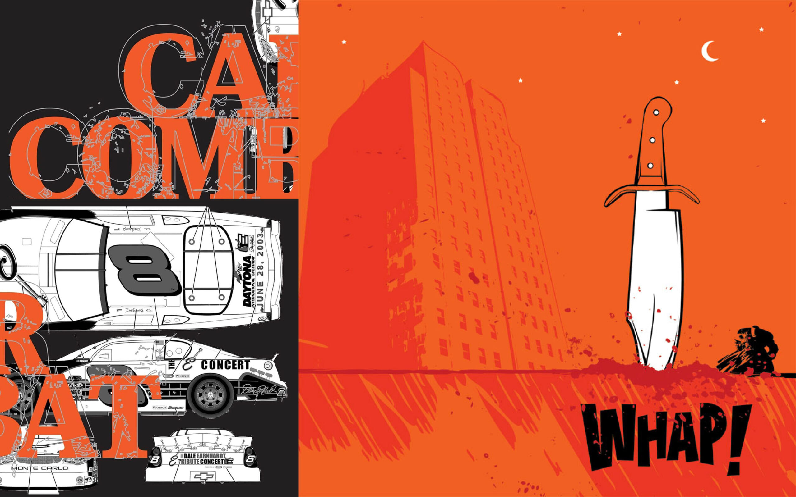Starmark poster design with knife illustration, racing car sketches and bold comic-style typography