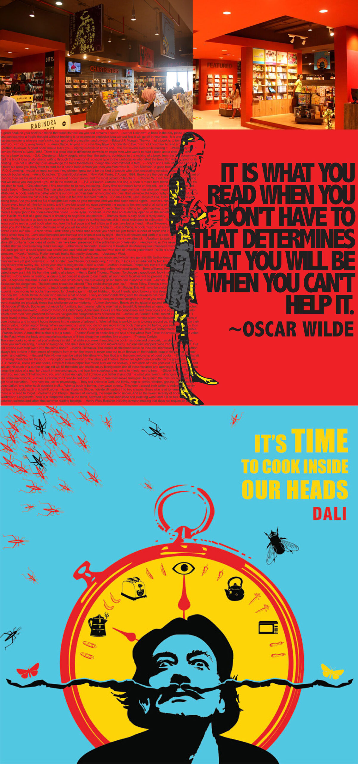 Starmark bookstore interior and poster series with Oscar Wilde quote and Dali-inspired illustration