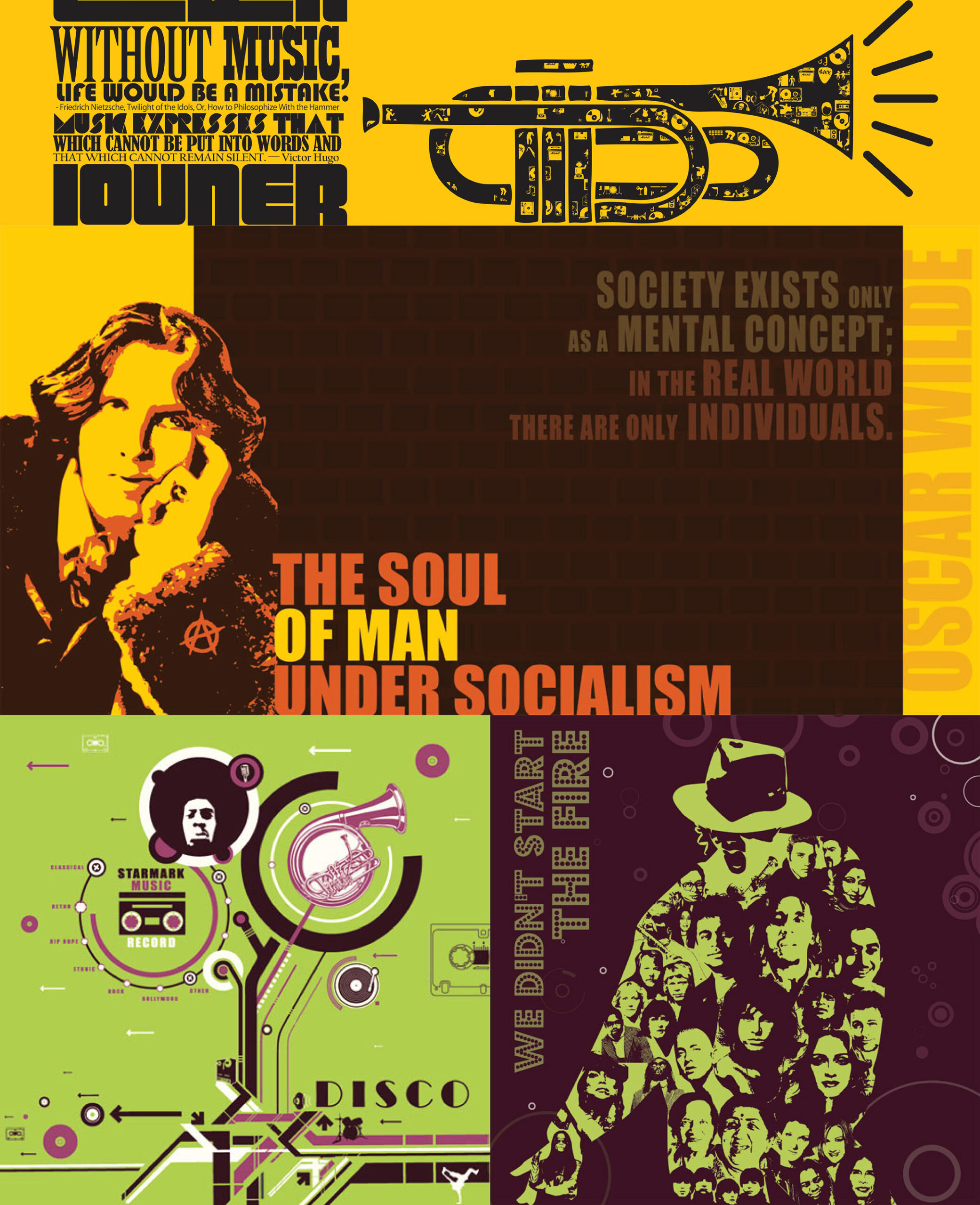 Starmark music poster series with trumpet illustration, Oscar Wilde portrait and retro disco typography