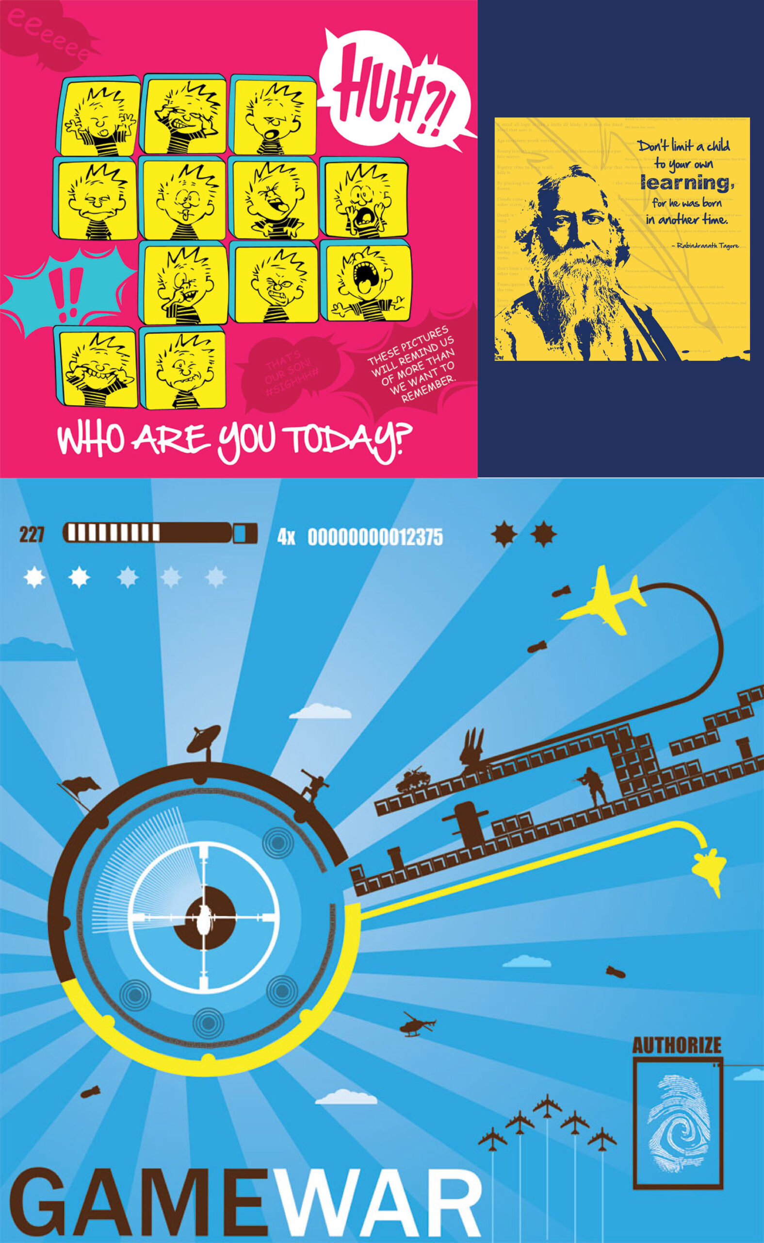 Starmark poster series with comic-style "Who are you today?" panel, Tagore quote portrait and Gamewar retro game illustration