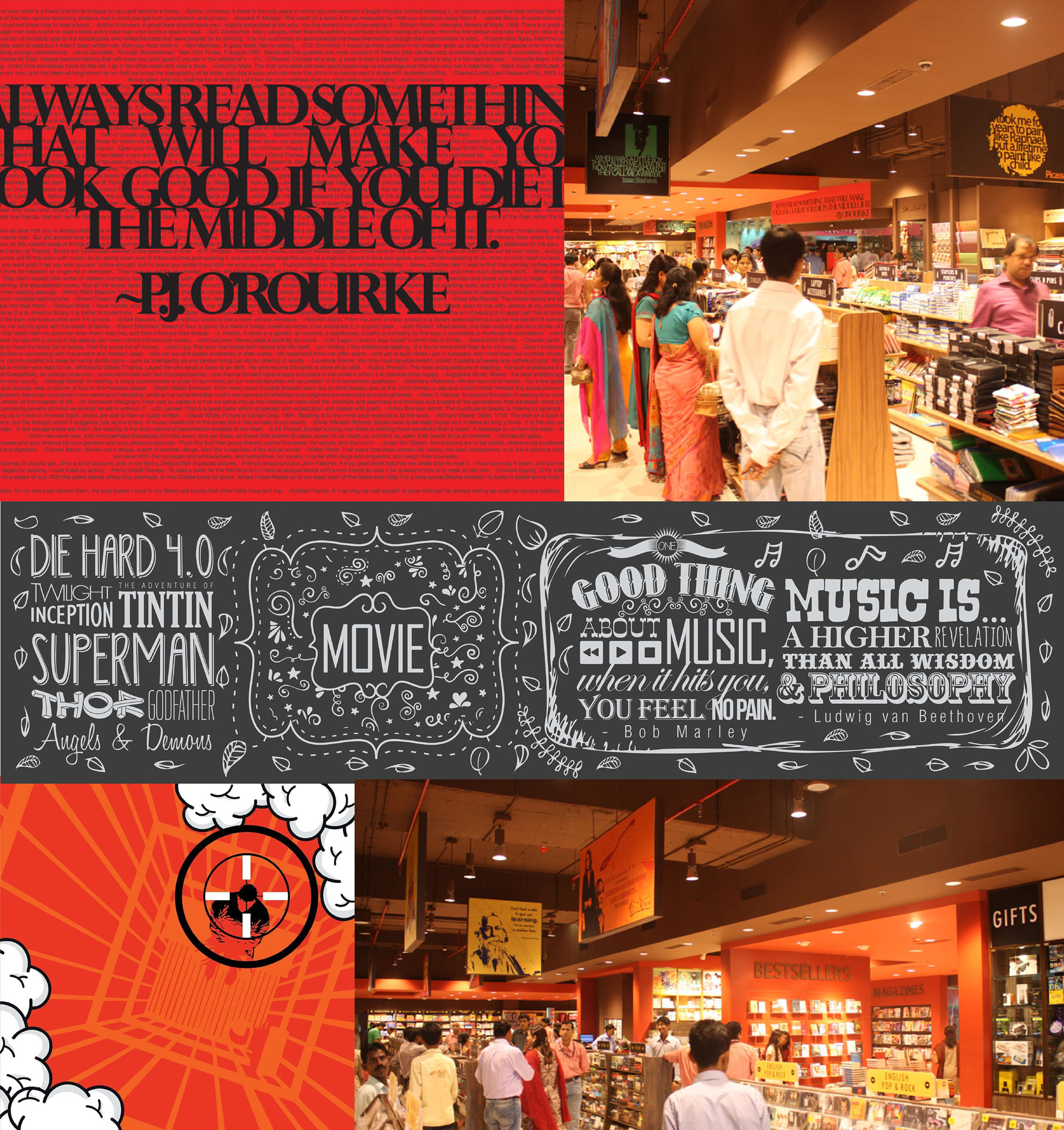 Starmark bookstore and music store interiors with typographic quote posters and movie-themed chalk lettering