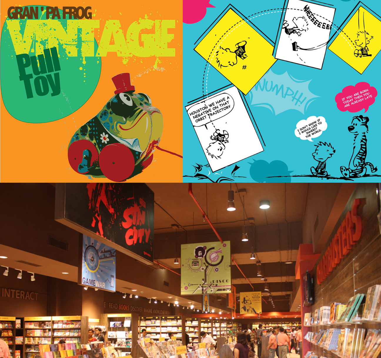 Starmark Gran'pa Frog vintage pull toy poster, comic-style panel and bookstore interior with colorful shelves