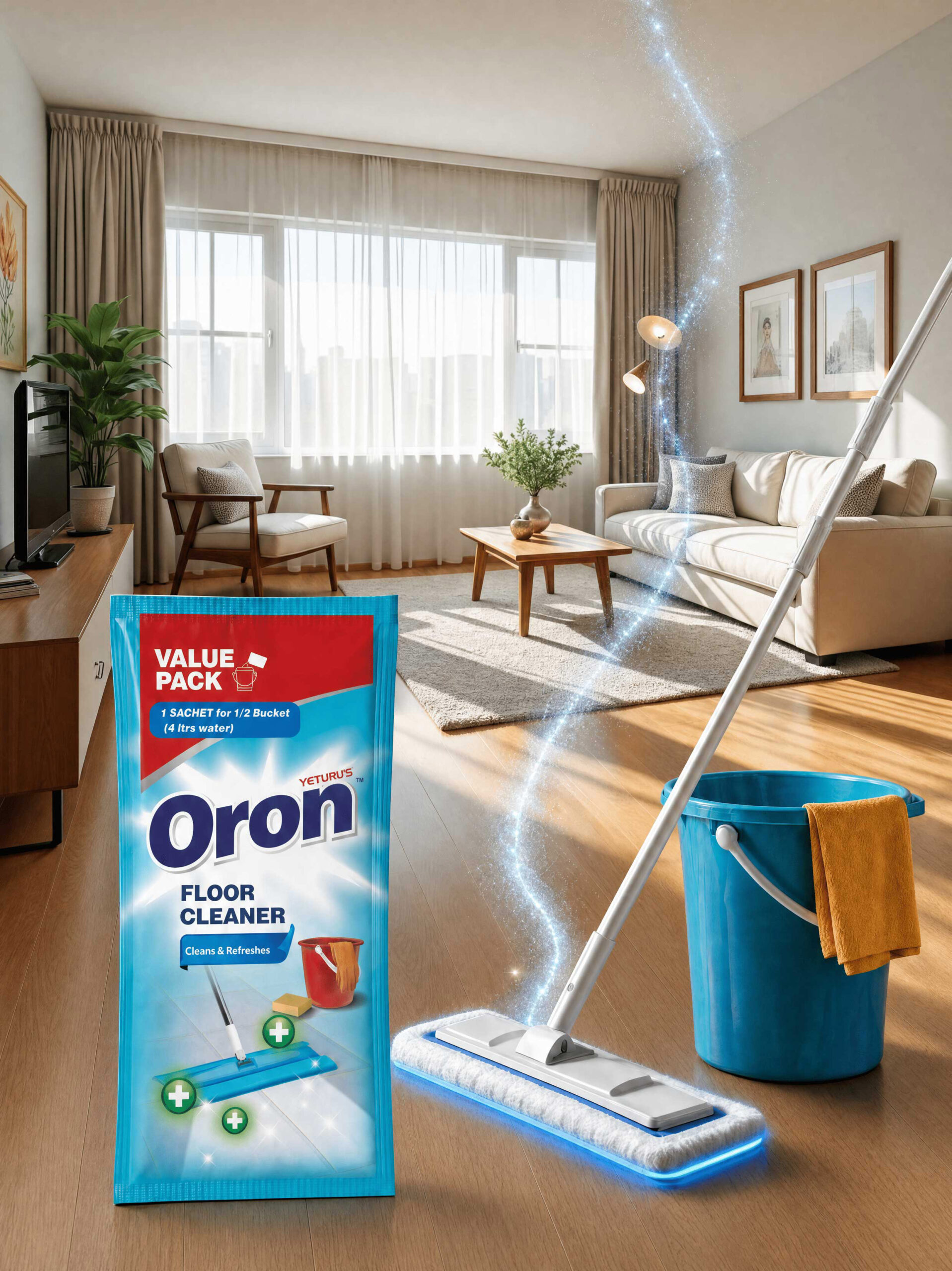 Oron Floor Cleaner blue value pack pouch with a mop and bucket in a bright living room