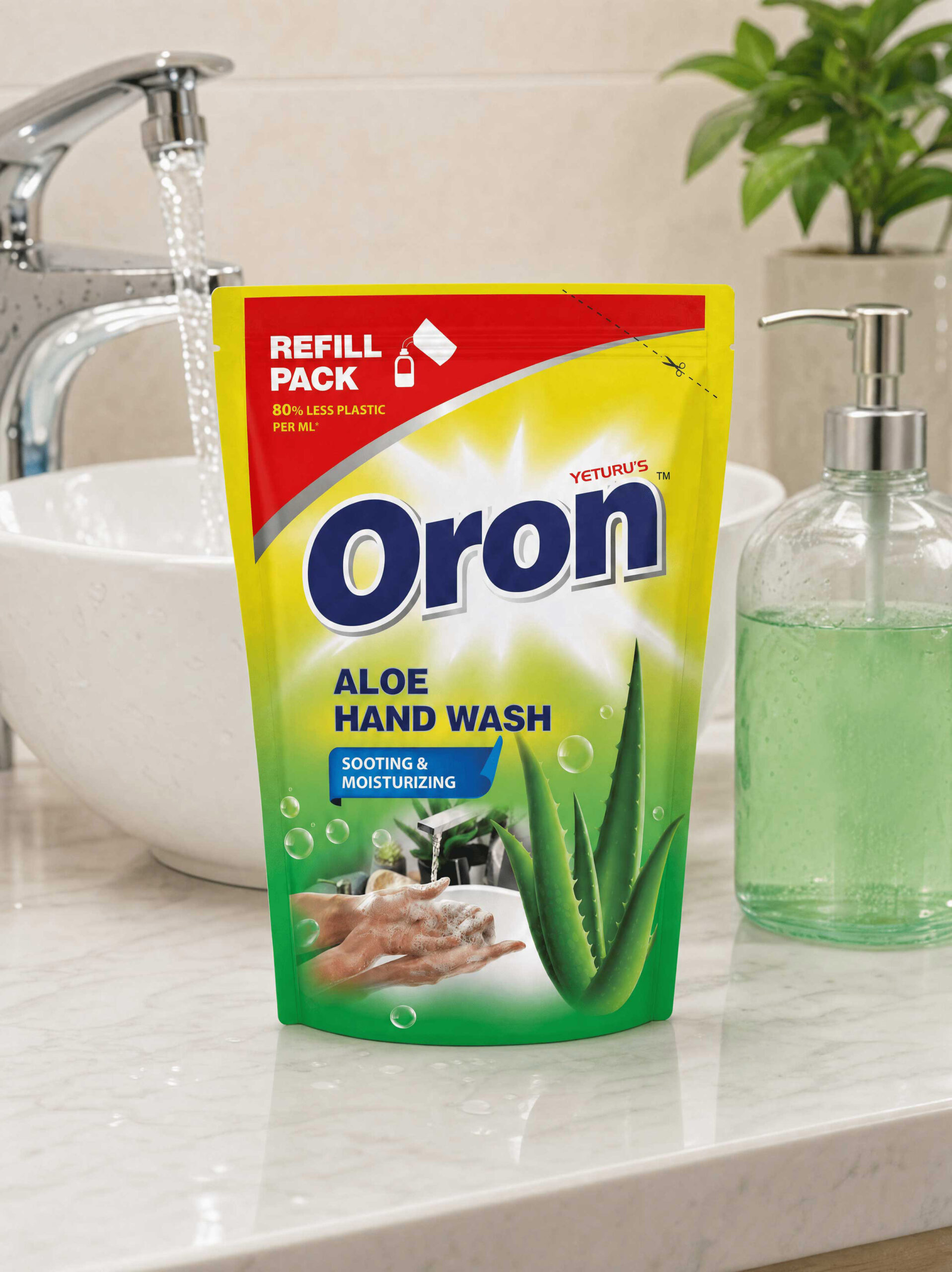 Oron Aloe Hand Wash green refill pouch next to a wash basin and soap dispenser