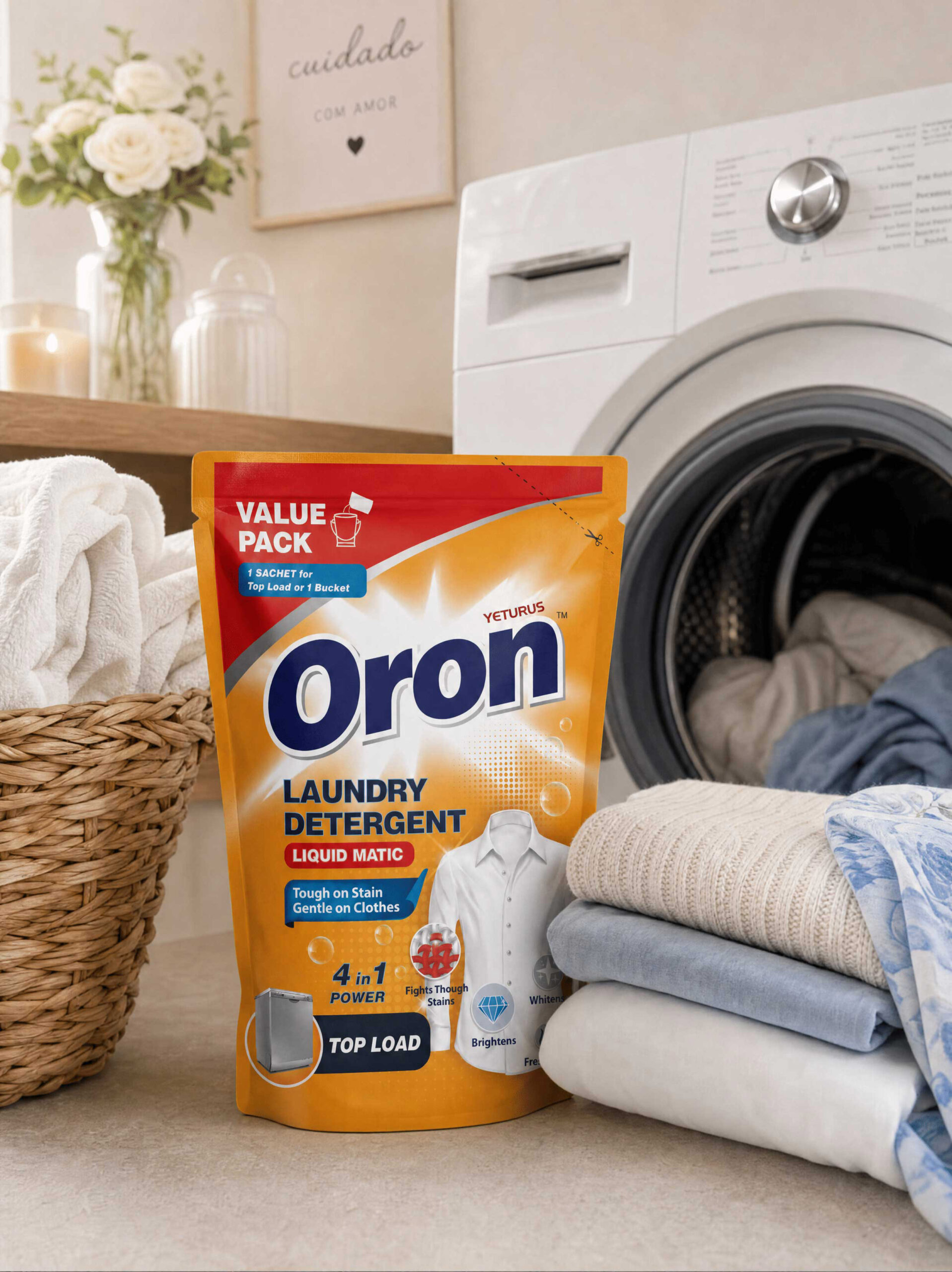 Oron Laundry Detergent value pack pouch beside a washing machine and folded towels
